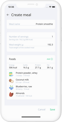 In-app screen displaying meal creation